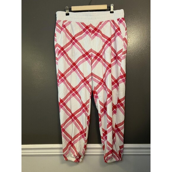 Colsie Pants Womens Large White Pink Red Plaid Jogger Sweatpants Lounge Cuffed - Picture 2 of 5
